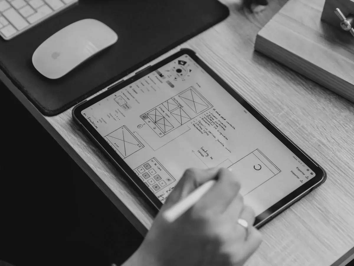 Dibuja a mano estructuras alámbricas de un sitio web en una tableta en un escritorio de madera